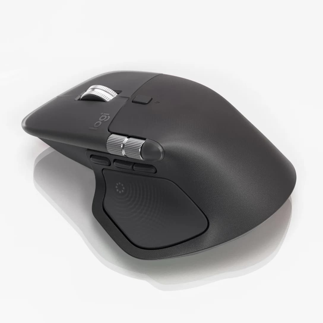 Logitech MX Master mouse, thumb-side buttons visible