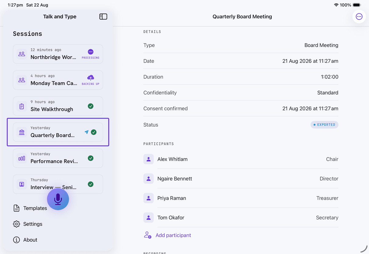 Talk and Type on iPad: meetings sidebar beside a meeting's participants, consent timestamp and status