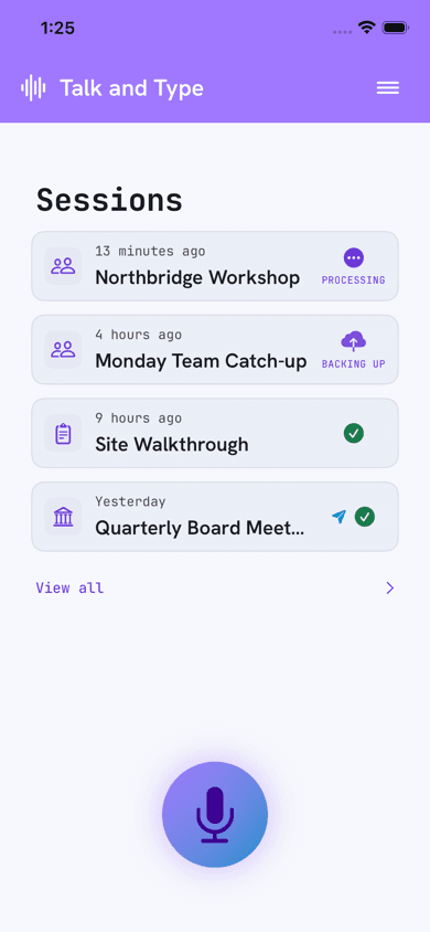 The Talk and Type meetings library on iPhone, each meeting showing its backup state