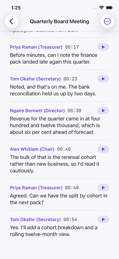A speaker-attributed board meeting transcript with names, roles and timestamps